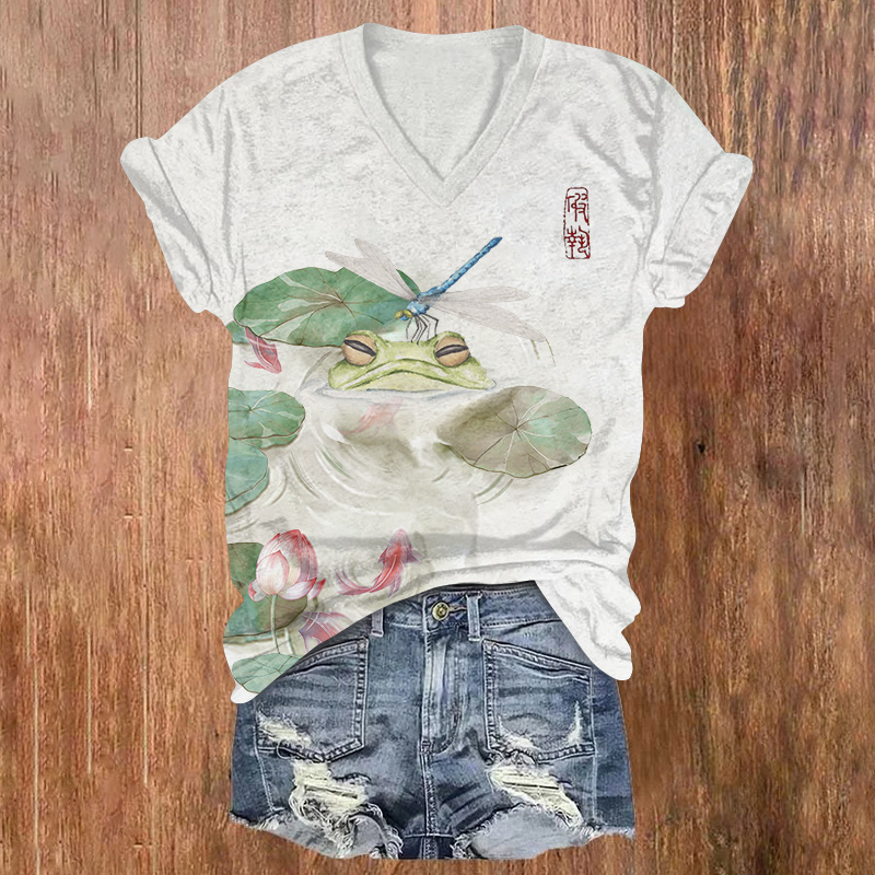 Japanese-style Frog And Dragonfly Printed Short Sleeved V-neck T-shirt - Light Gray - US32-34(5XL) - image 1