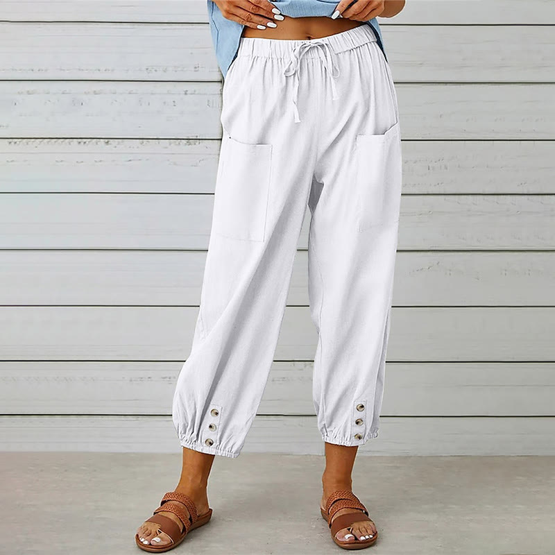 Women's Casual Loose Button Pocket Cropped Pants - White - 4XL - image 8