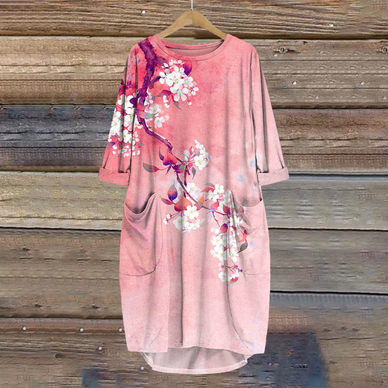 Japanese Antique Pear Blossom Ink Painting Print Crew Neck Dress - Pink - 8XL - image 3