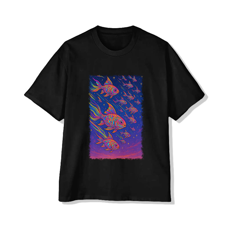 Unisex Japanese Fantasy Fish Print Short Sleeved Crew Neck T-Shirt - Black - 2XL - image 5