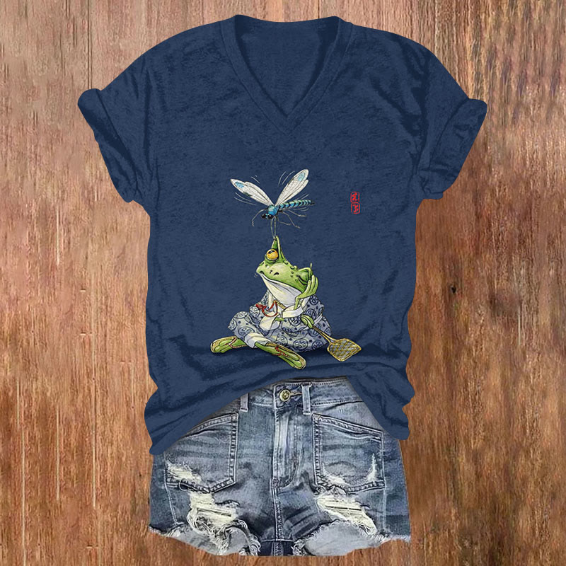 Japanese Art Frog And Dragonfly Print V-neck T-shirt - Navy Blue - US32-34(5XL) - image 5
