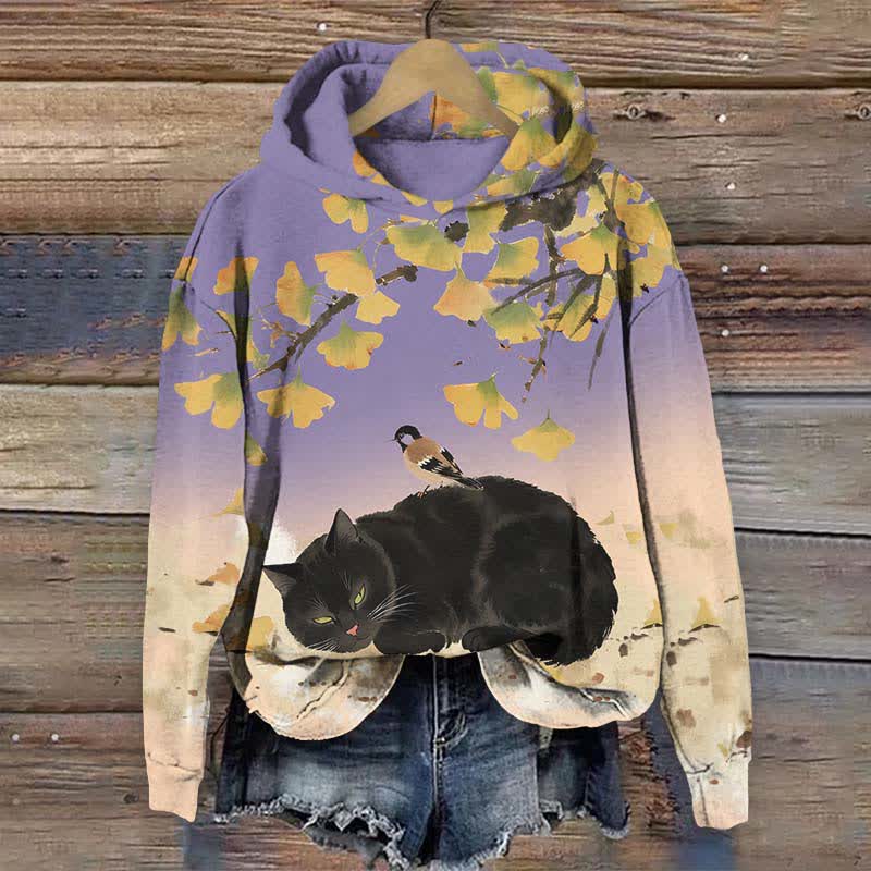 Japanese Oil Painting Black Cat Sleeping Under Ginkgo Tree Art Print Long Sleeve Hoodie - Purple - US44-46(8XL) - image 3