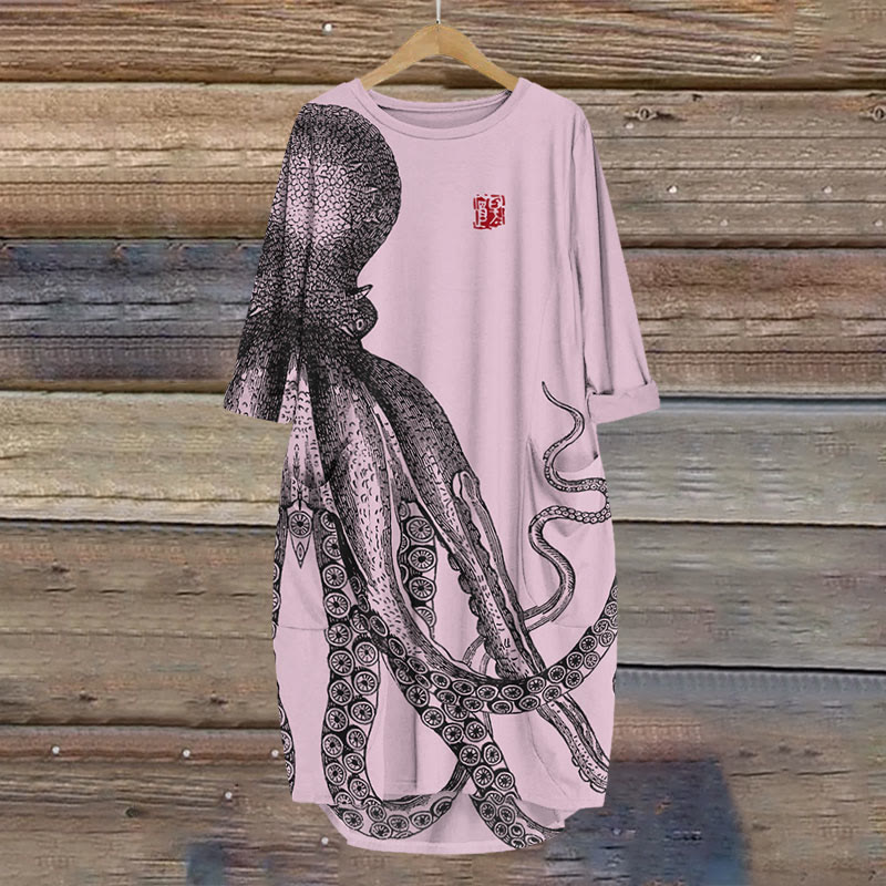Japanese Art Octopus And Crab Print Crew Neck Dress - Light Purple - 8XL - image 5