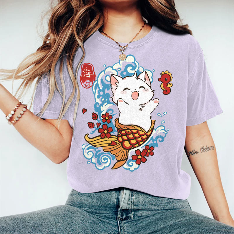 100% Cotton Women's Japanese Sakura White Fish Cat Art Print Casual T-shirt - Purple - 2XL - image 4