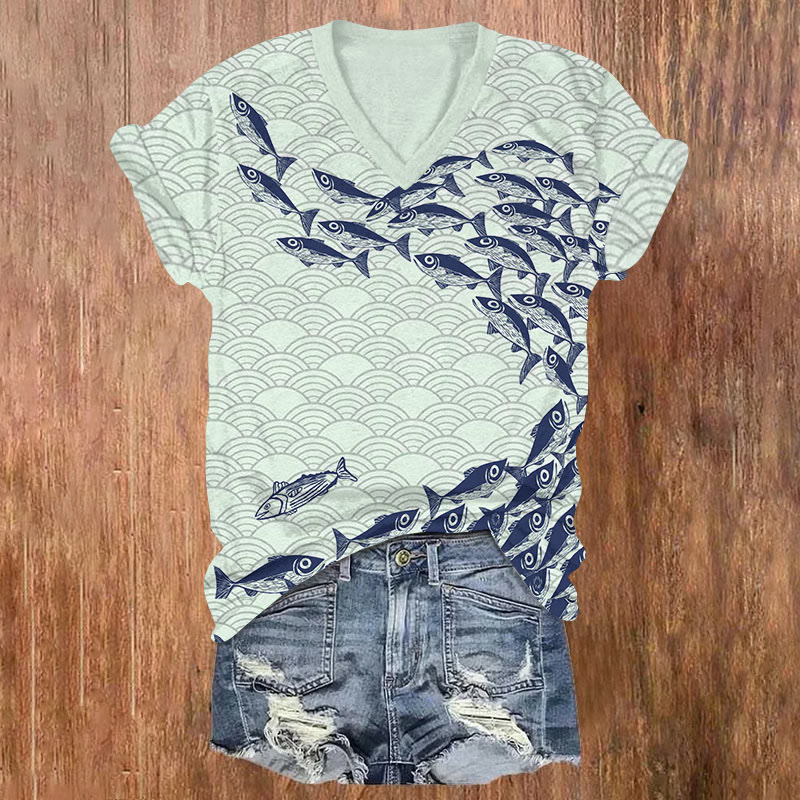 Japanese Wave Sardines School Art T-shirt - Mint - US32-34(5XL) - image 3