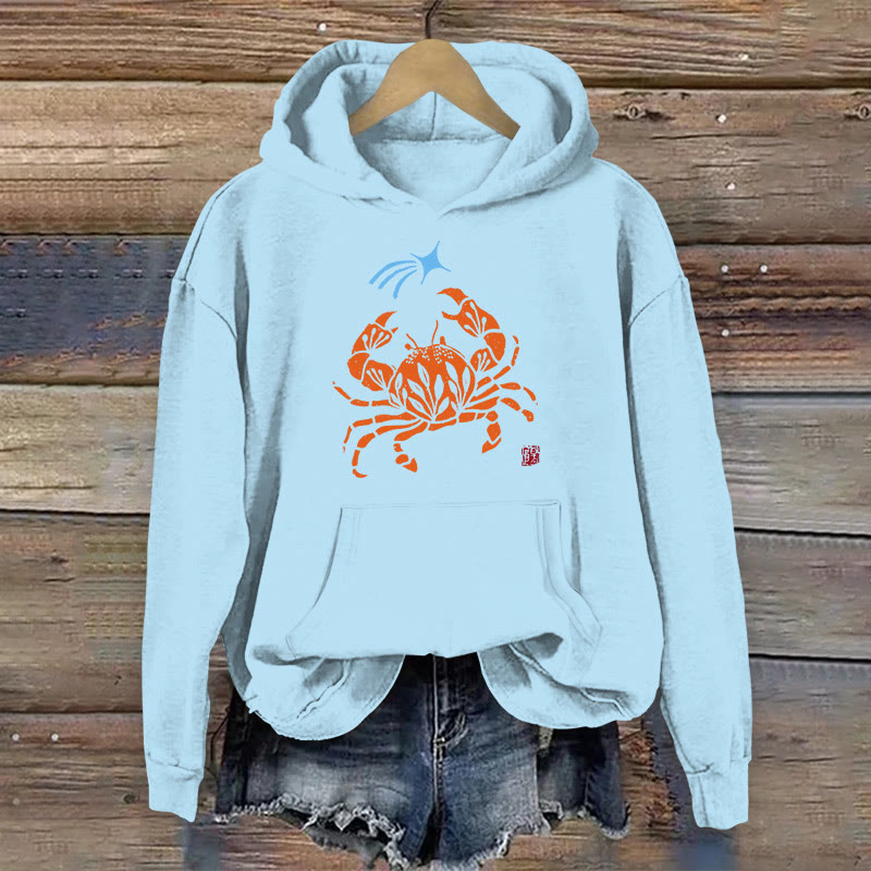 100% Cotton Cute Floral Crab Print Women's Hoodie - Light Blue - 2XL - image 3