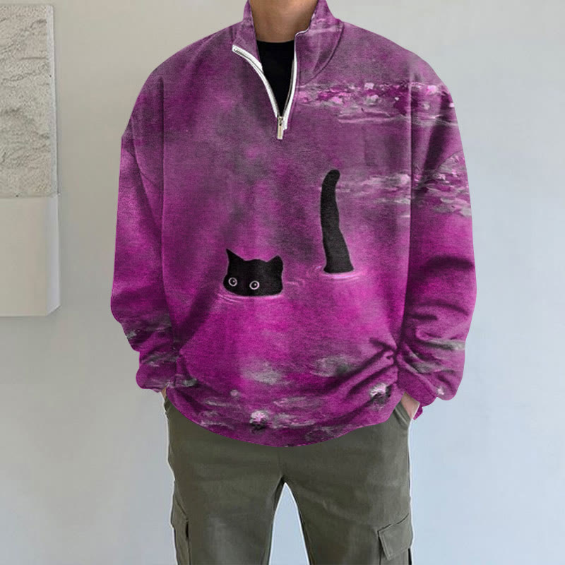 Women's Oil Painting Cat Print Long Sleeve Zipper Sweatshirt - Purple - 5XL - image 3