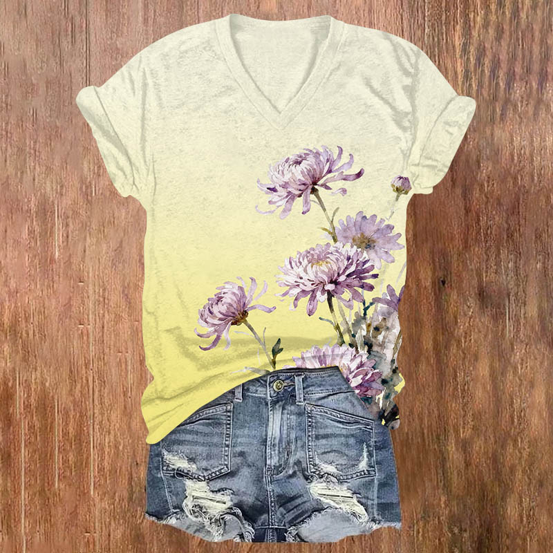 Watercolor Purple Chrysanthemum Print V-neck T-shirt - Yellow - US32-34(5XL) - image 2