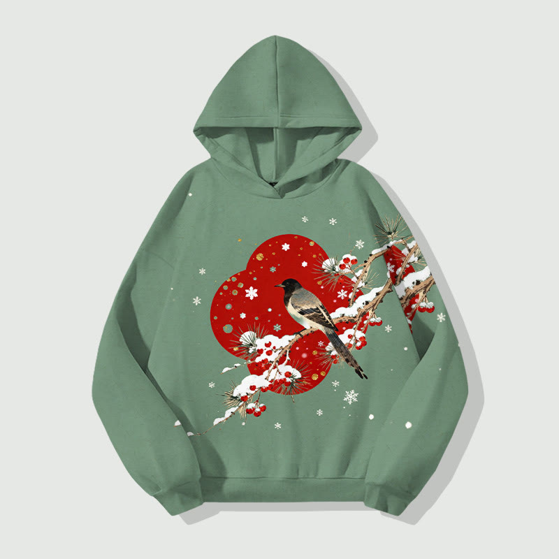 Japanese Vintage Snowy Bird On The Branch Art Print Long Sleeve Hoodie - Green - US44-46(8XL) - image 3