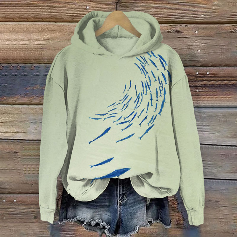 Simple Line Fish Print Long Sleeve Hoodie - Green - 8XL - image 1