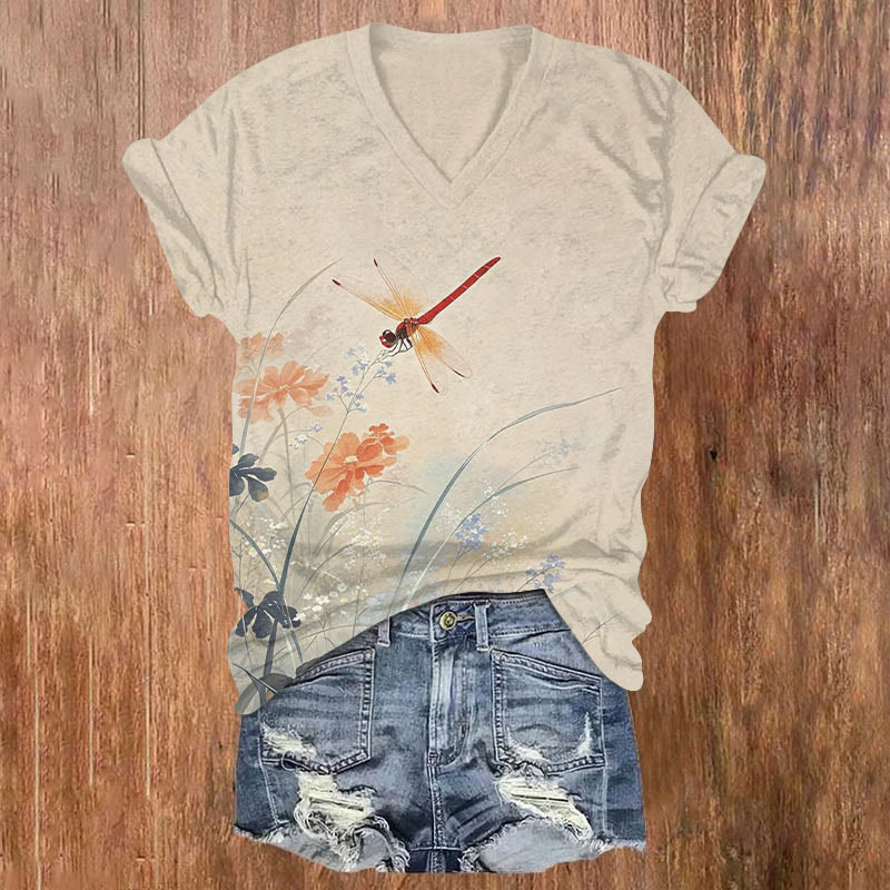Romantic Dragonfly & Floral Art Print V-neck T-shirt - Apricot - US32-34(5XL) - image 3