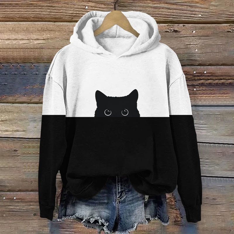 Women's Japanese Funny Black Cat Sticking Out Head Print Long Sleeve Hoodie - White - 8XL - image 7