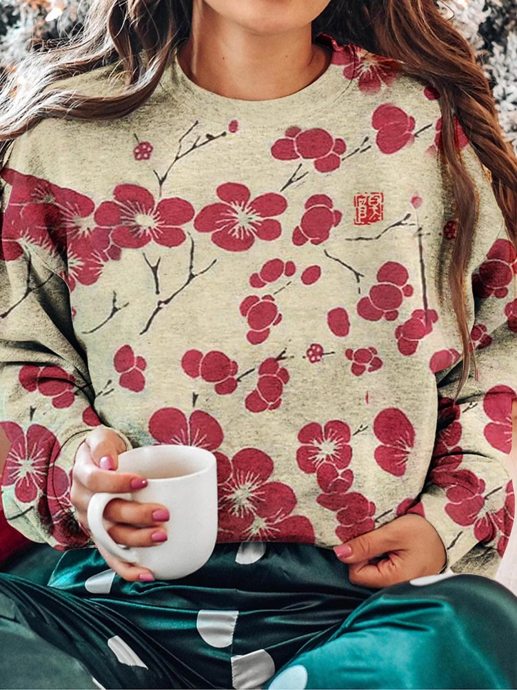 Cherry Blossom Japanese Lino Art Vintage Sweatshirt