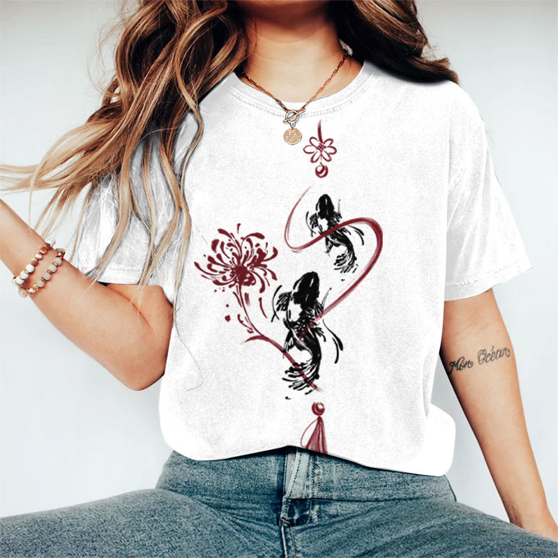 100% Cotton Women's Japanese Ink Watercolor Koi Floral Art Print Casual T-shirt - White - 2XL - image 3