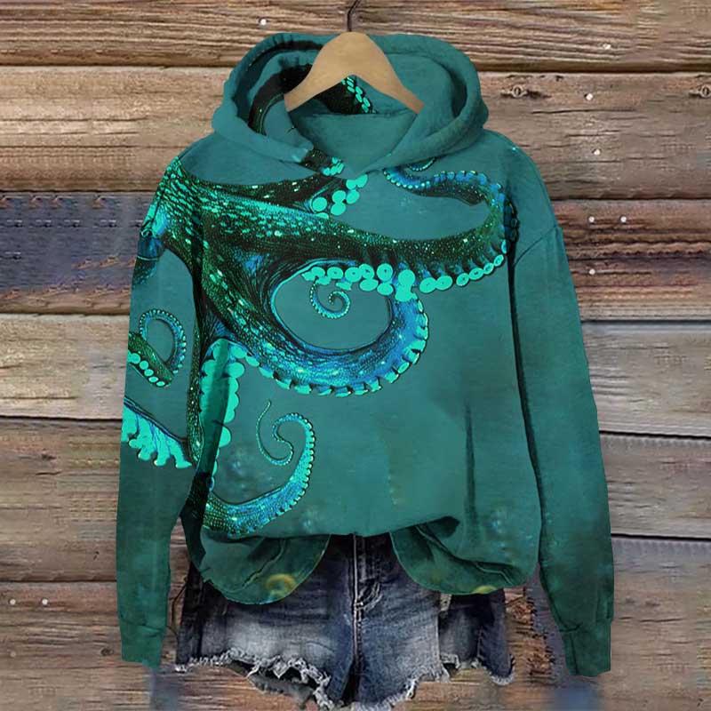 Octopus Art Print Long Sleeve Hoodie - Green - 8XL - image 1