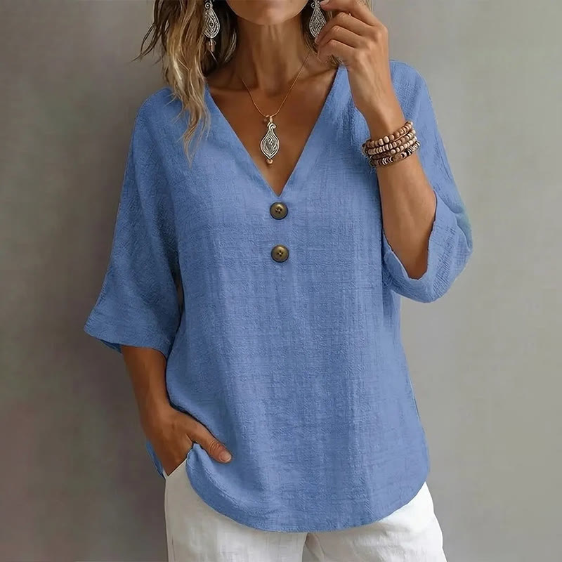 Casual Solid V-neck 3/4 Sleeve Blouse - Blue - 3XL - image 3