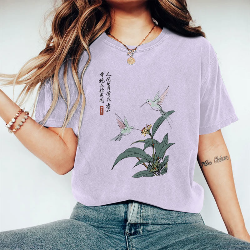 100% Cotton Women's Ancient Poetry & Larks Floral Art Print Casual T-Shirt - Purple - 2XL - image 2