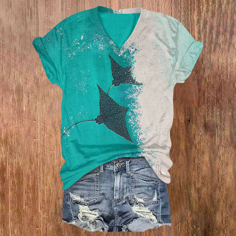 Ocean Manta Ray Art Print T-shirt - Green - 5XL - image 1