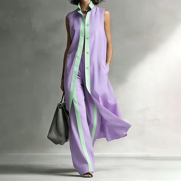 Elegant Solid Color-block Lapel Sleeveless  Pocket Long Cardigan Top &  Pants Set - Purple - 3XL - image 4