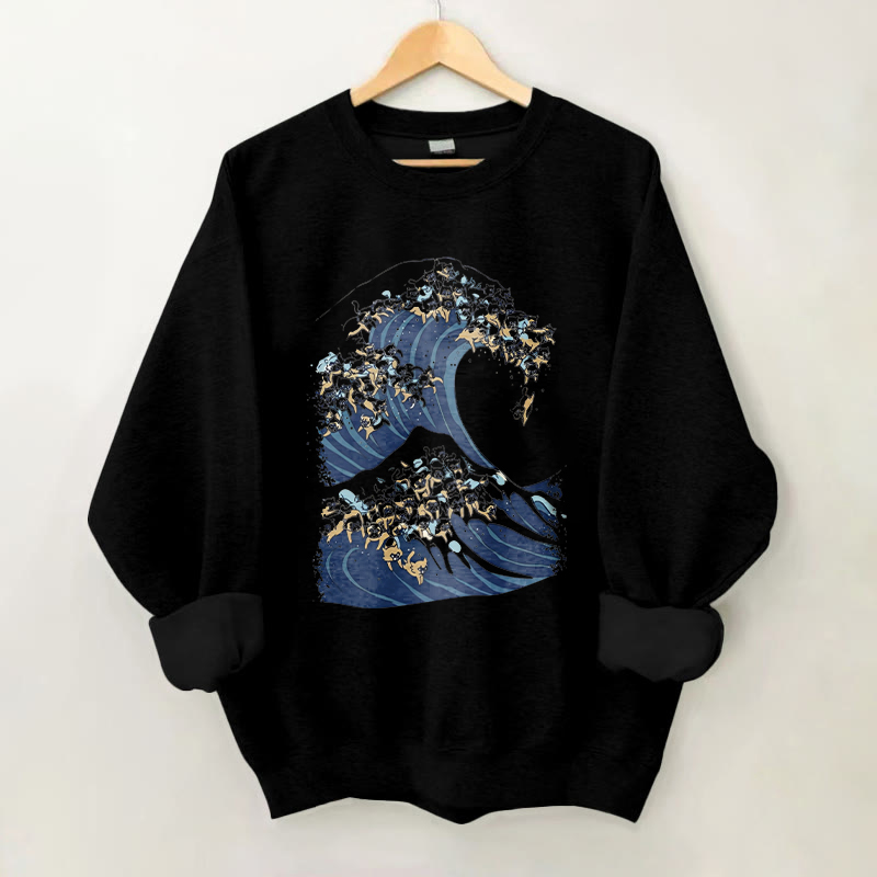 100% Cotton Abstract Ocean Waves And Cat Print Crew Neck Sweatshirt - Black - 2XL - image 3