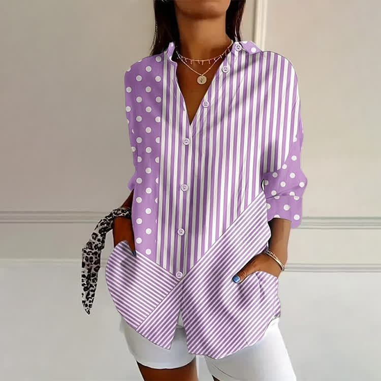 Polka Dot & Stripe Print Long Sleeve Blouse - Purple - 4XL - image 3