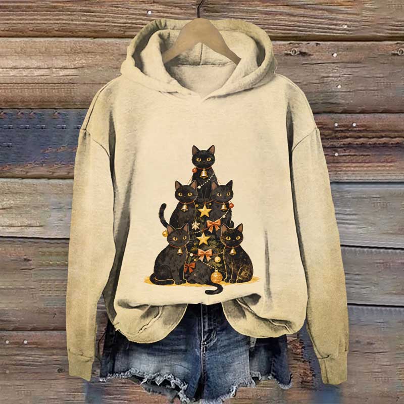 Creative Black Cat Christmas Tree Art Print Long Sleeve Hoodie - Apricot - US44-46(8XL) - image 2