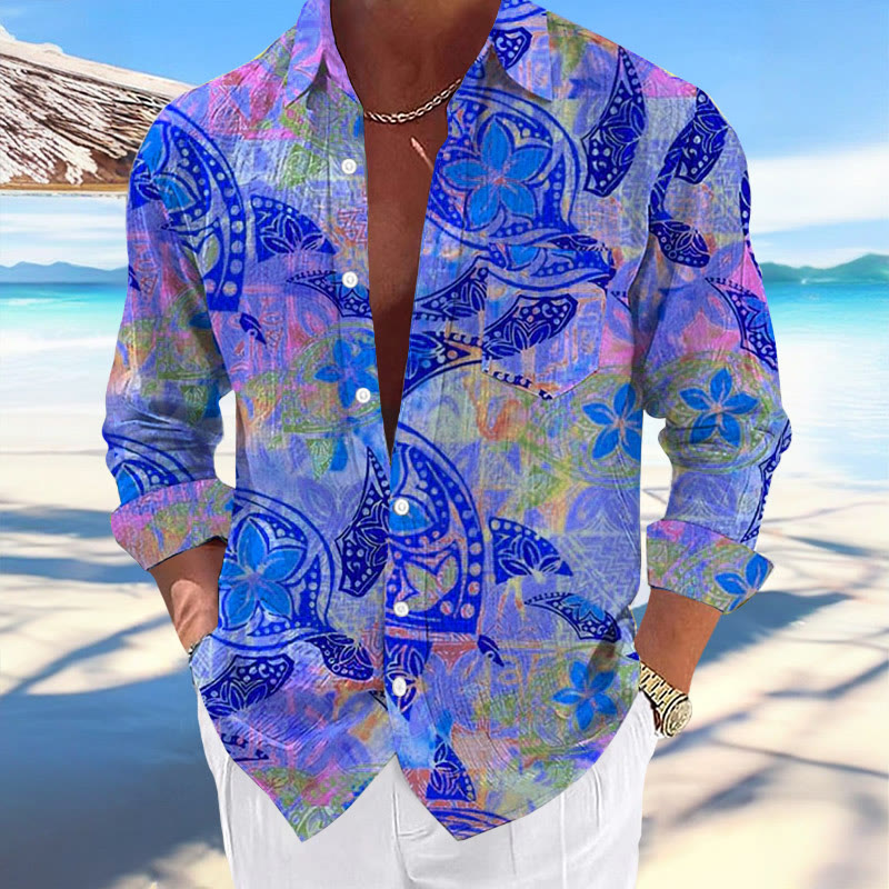 Men's Casual Hawaiian Floral Sea Turtle Print Stylish Resort Pocket Long Sleeve Shirt - Dark Blue - 5XL - image 5