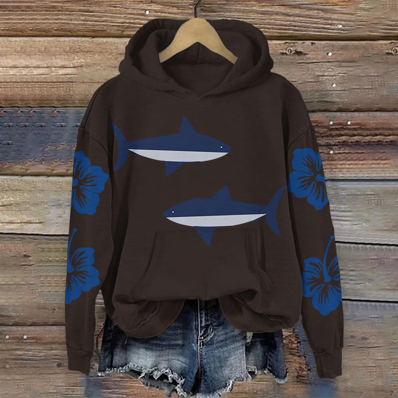 100% Cotton Shark And Dahlia Print Hoodie - Coffee - 2XL - image 8