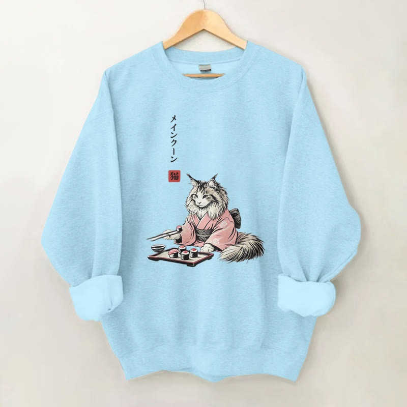100% Cotton Maine Cat With Sushi Print Round Neck Casual Fleece Sweatshirt - Blue - 2XL - image 3