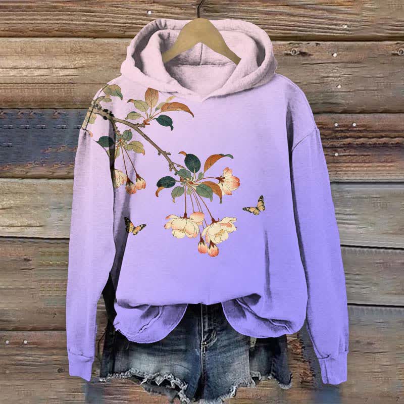 Japanese Vintage Ombre Peach Blossom Art Print Long Sleeve Hoodie - Purple - US44-46(8XL) - image 3