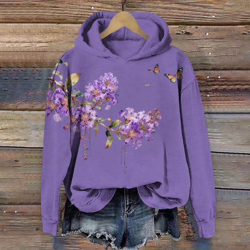 Vintage Crape Myrtle Flower Art Print Long Sleeve Hoodie - Purple - US44-46(8XL) - image 4
