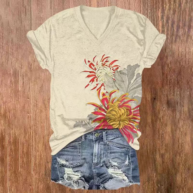 Art Flower Print V-neck T-shirt - Apricot - US32-34(5XL) - image 3