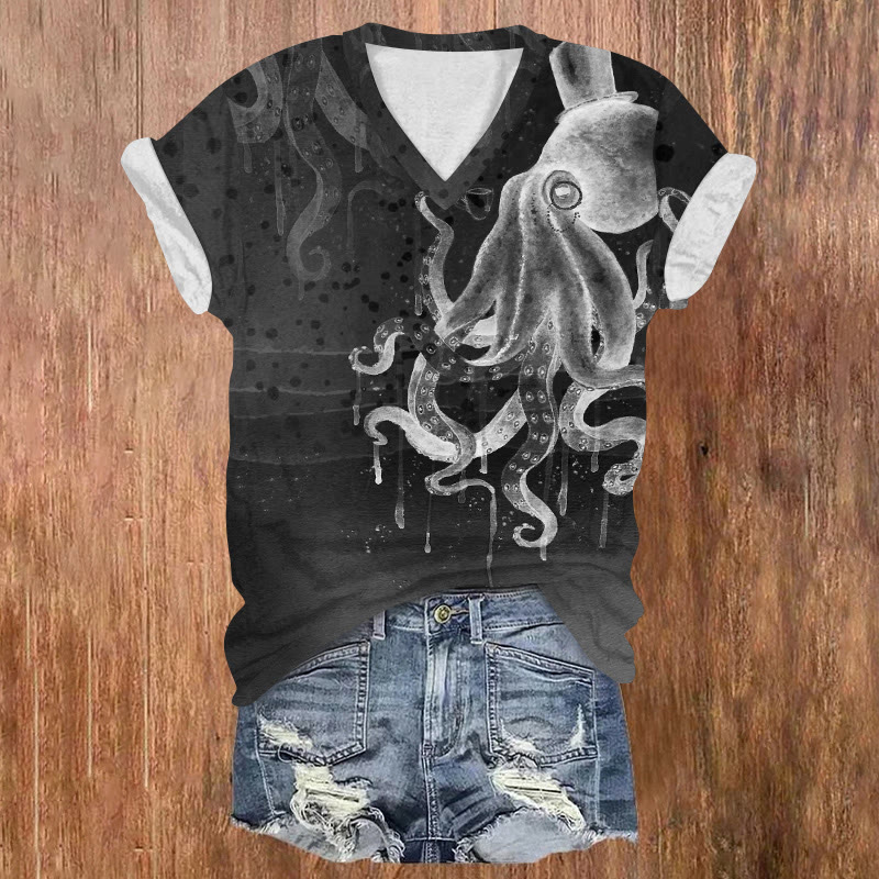 Ocean Gradient Gentleman Octopus Pattern Print Short Sleeved V-neck T-shirt - Black - US32-34(5XL) - image 5