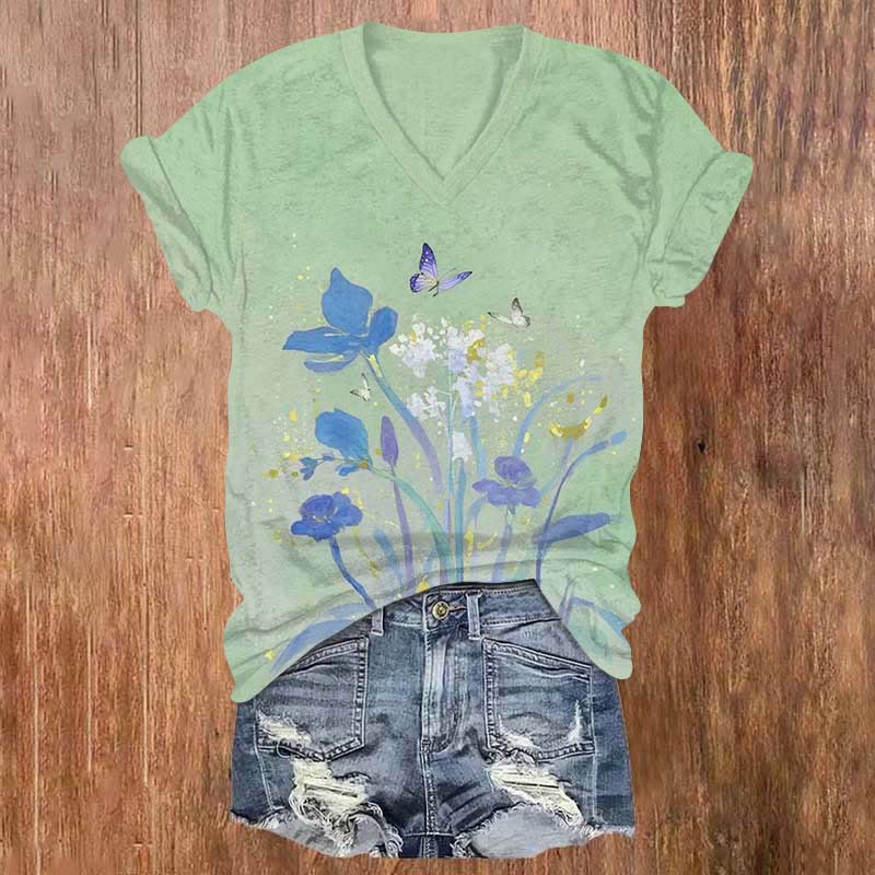 Japanese Vintage Butterfly Collecting Nectar Print V-neck T-shirt - Green - US32-34(5XL) - image 2