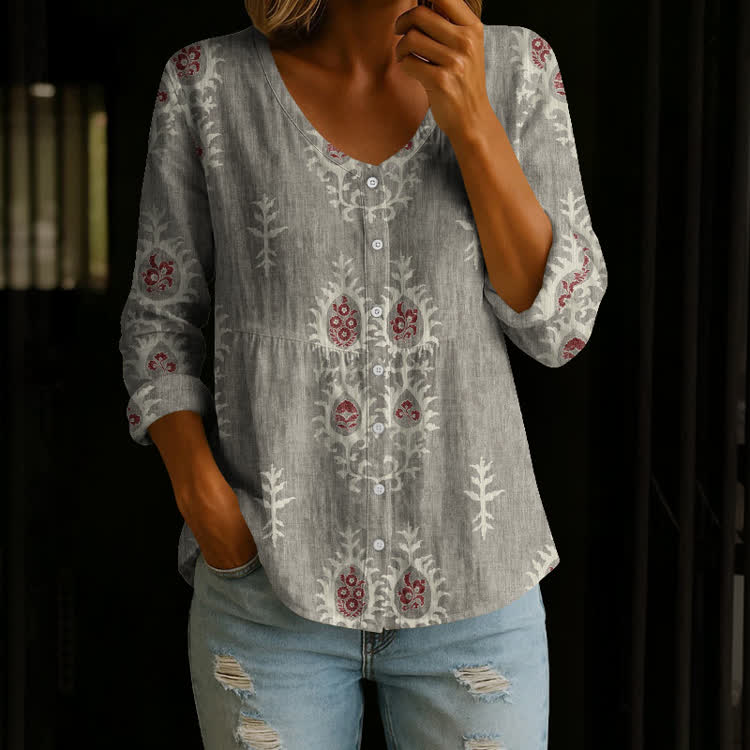 Vintage Floral Boho Pattern Print Button V-Neck A-line Long Sleeve Blouse - Grey - US 26-28 (4XL) - image 3