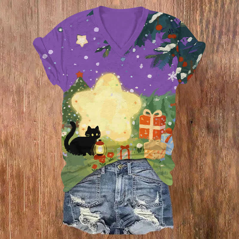 Oil Painting Black Cat Starry Christmas Gift Art Print V-neck T-shirt - Purple - US32-34(5XL) - image 5