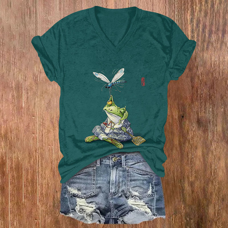 Japanese Art Frog And Dragonfly Print V-neck T-shirt - Dark Green - US32-34(5XL) - image 3