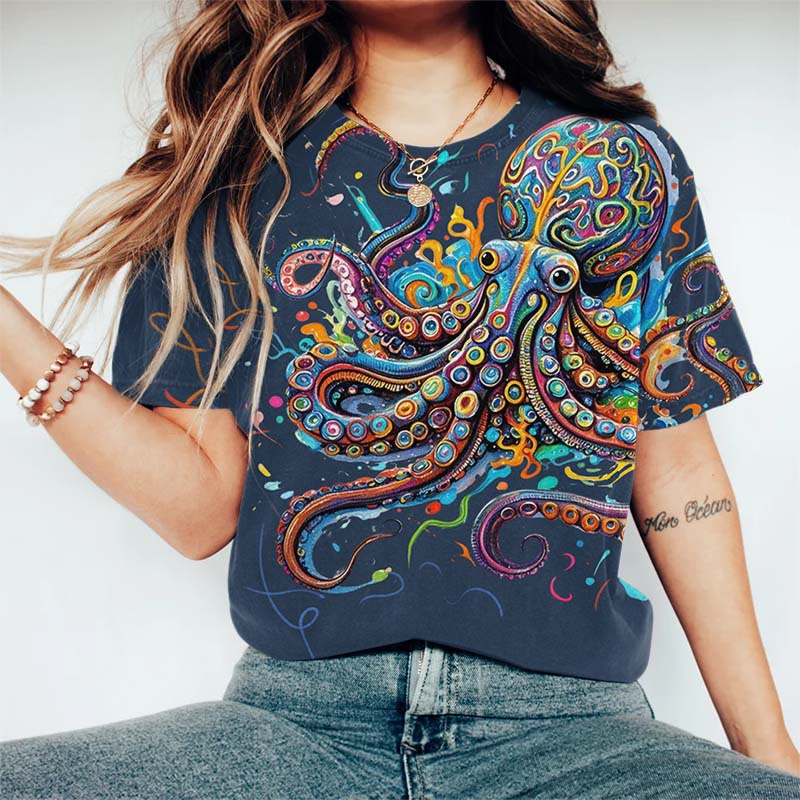 100% Cotton Vintage Rainbow Octopus Art Print Round Neck T-shirt - Blue - 5XL - image 5