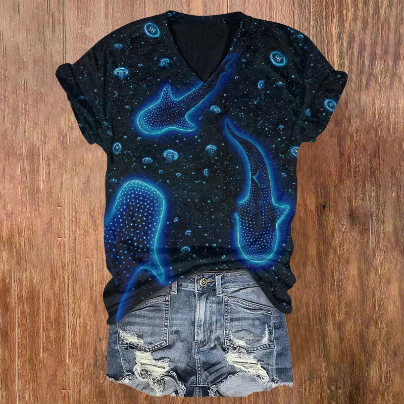 Whale Shark And Jellyfish Blue Light Pattern T-shirt - Blue - 5XL - image 1
