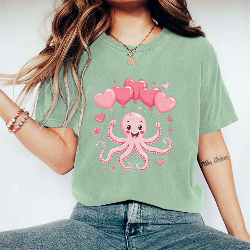 100% Cotton Valentine's Day Octopus Heart T-shirt - Light Green - 2XL - image 6