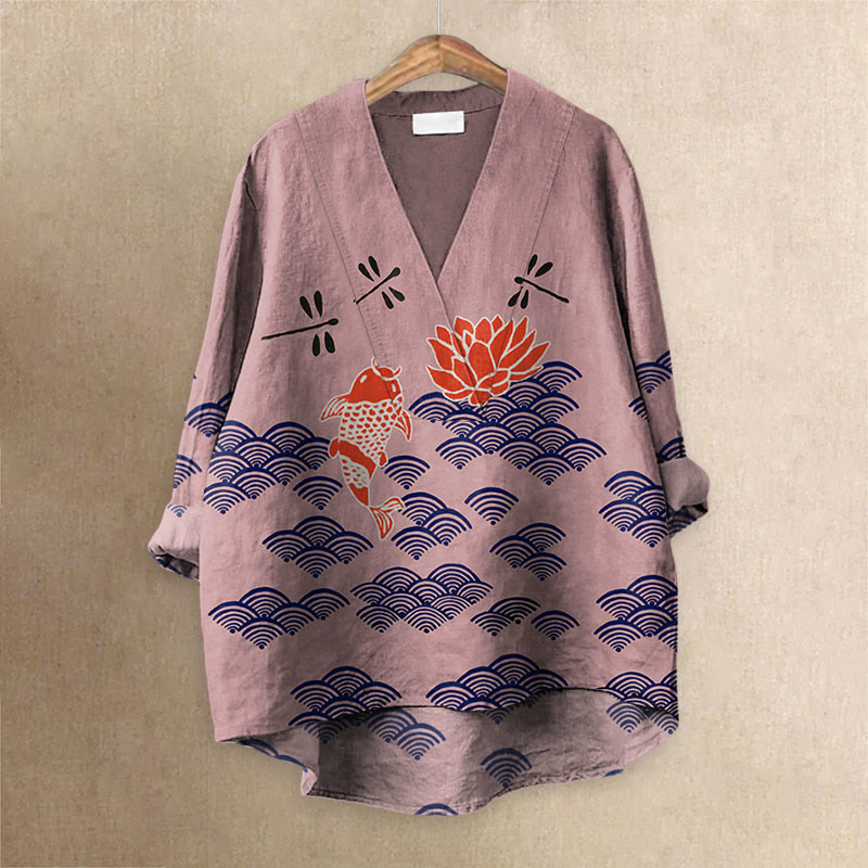 Japanese Style Koi Fish Dragonfly Wave Art Printed Casual V-neck Blouse - Light Purple - 6XL - image 5