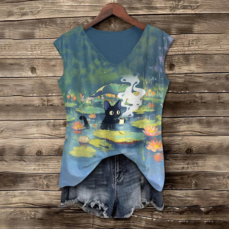 Interesting Cat Drinking Water In Lotus Pond Print V-neck Tank Top - image 2