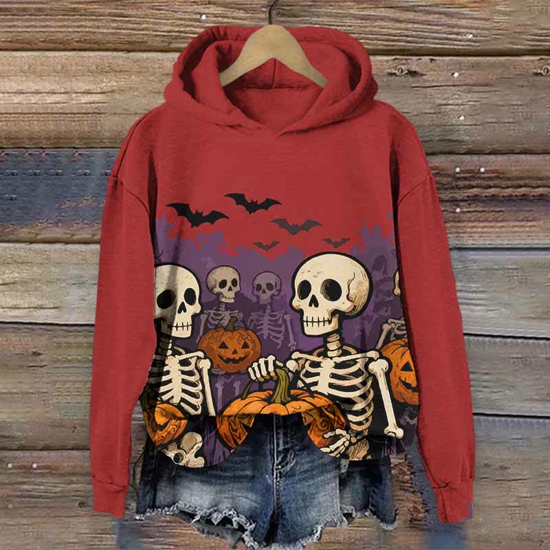 Halloween Skeleton Man Holding Pumpkin Print Long Sleeve Hoodie - Red - US44-46(8XL) - image 3