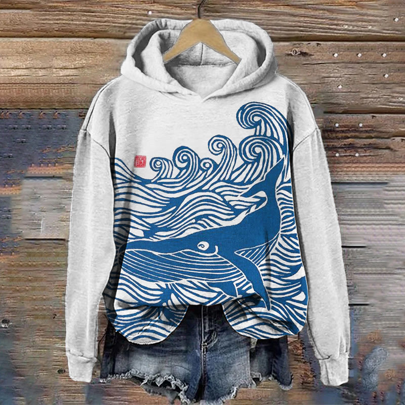 Whale & Waves Ancient Japanese Art Cozy Hoodie - Blue - 5XL - image 1
