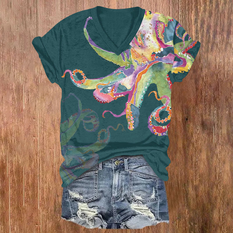 Ocean Summer Watercolor Octopus Art Pattern Print Short Sleeved V-neck T-shirt - Green - US32-34(5XL) - image 3