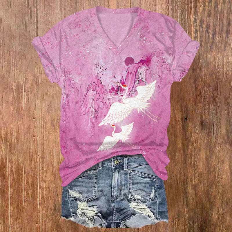  Japanese Cranes Flying Across Mountain Print V-neck T-shirt - Rose - US32-34(5XL) - image 2