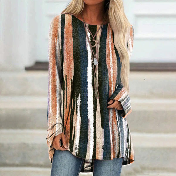 Vintage Stripe Print Round Neck Tunic - Brown - 8xl - image 1