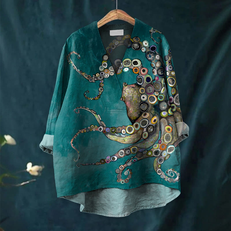 Colorful Octopus Oil Painting Print Casual V-neck Blouse - image 7