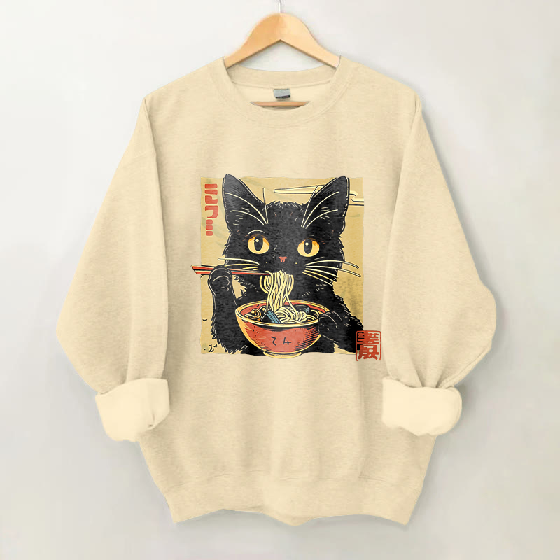 100% Cotton Japanese Ramen Cat Print Crew Neck Sweatshirt - Apricot - 2XL - image 1