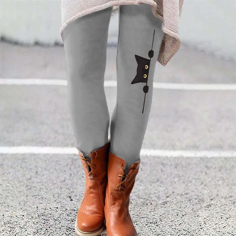 Casual Black Cat Print Leggings - Grey - 5XL - image 5